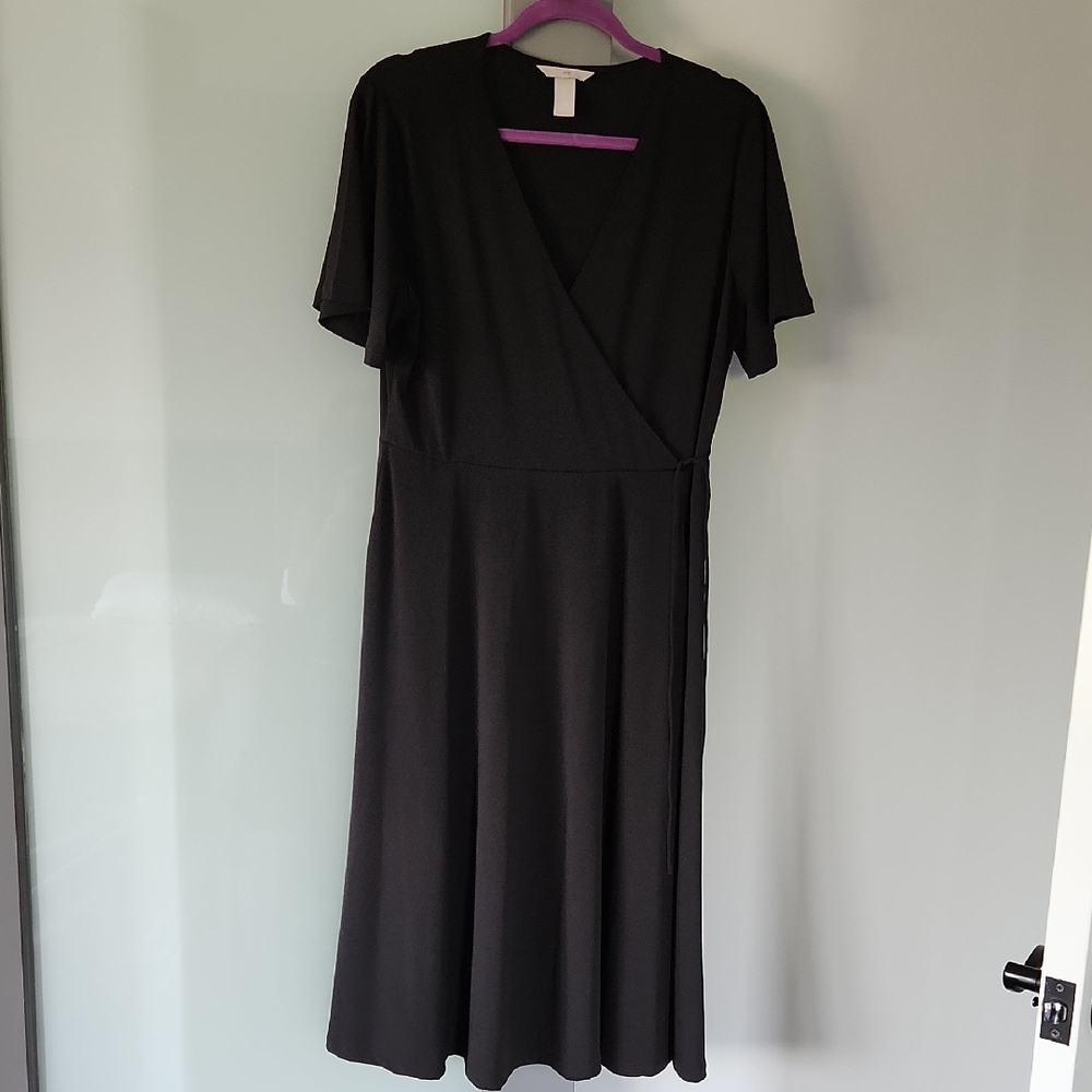 H&M Classic Black Midi Faux Wrap Dress With Side Tie